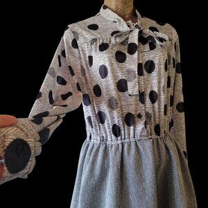 Vintage 80s 90s Black & Gray  Polka Dot Dress With Bow Collar & Elastic Waist
